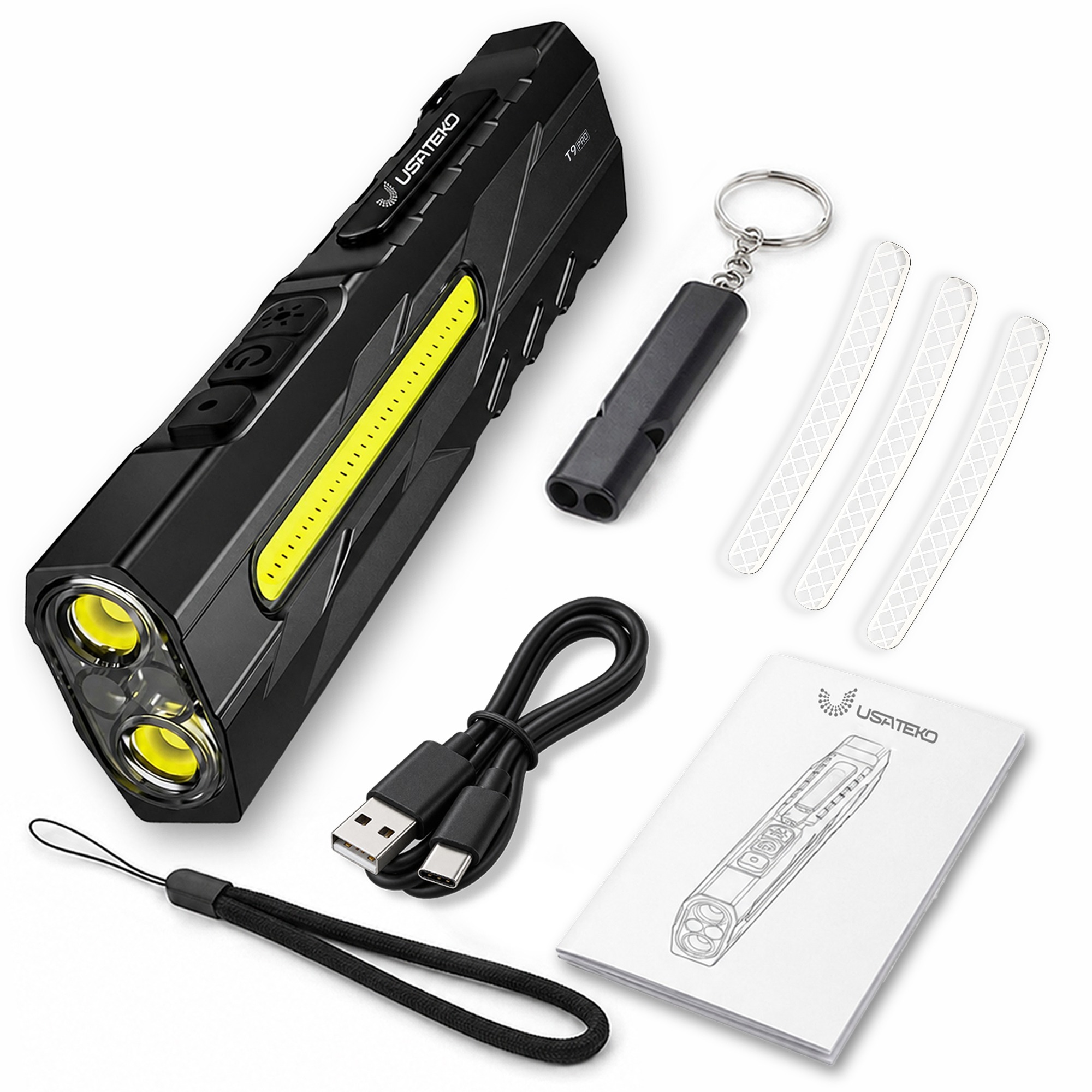 USATEKO T9 Pro Rechargeable Flashlight, 1500 Lumens, 365nm UV, Magnetic Base, IPX6
